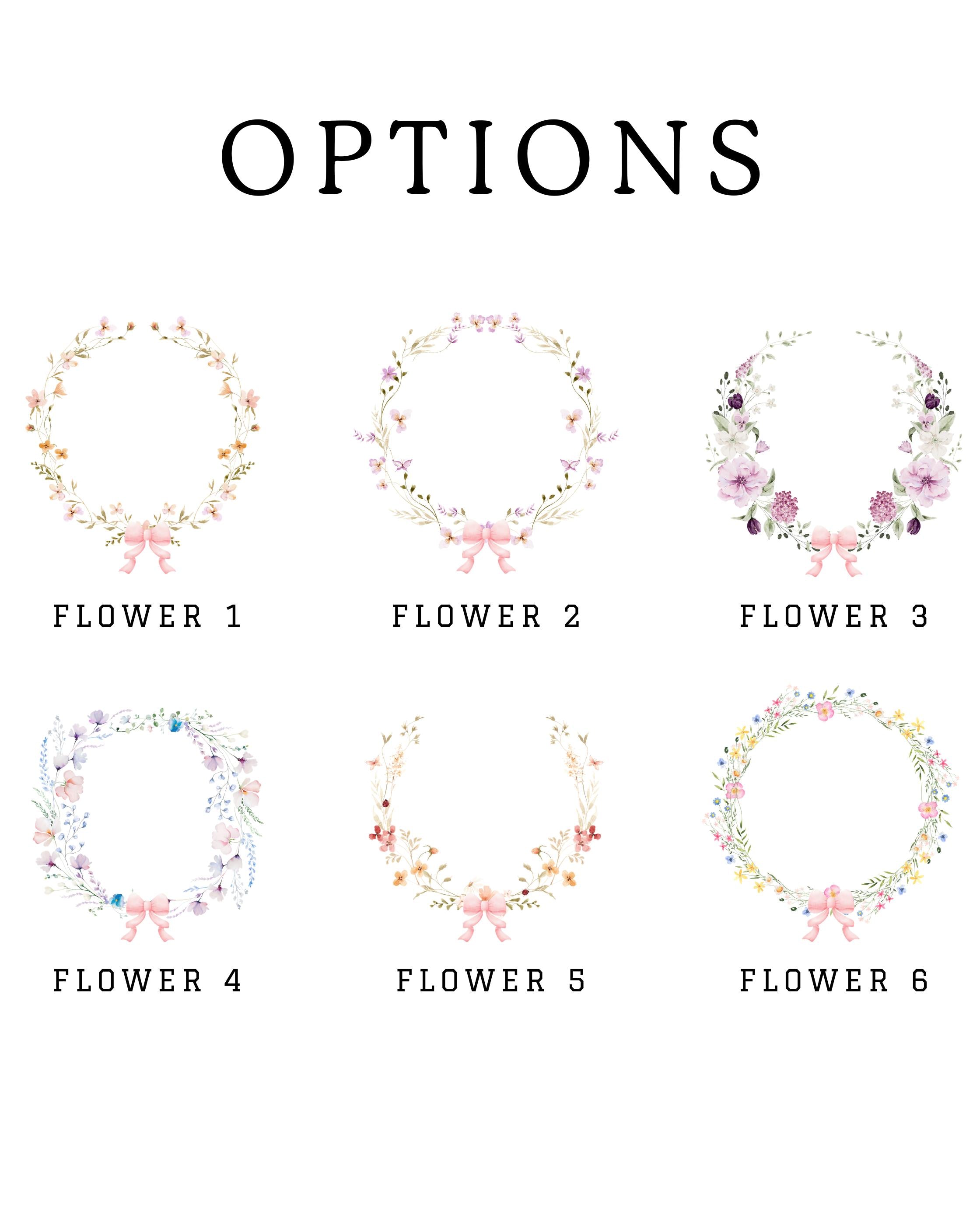 six floral wreaths of different sizes and colors, each with a unique design and arrangement of flowers.