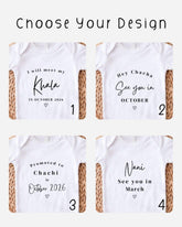 Four personalised Baby Vest designs for Khala, Chacha, Chachi and Nani pregnancy reveals, with black lettering, arrival months and small hearts.