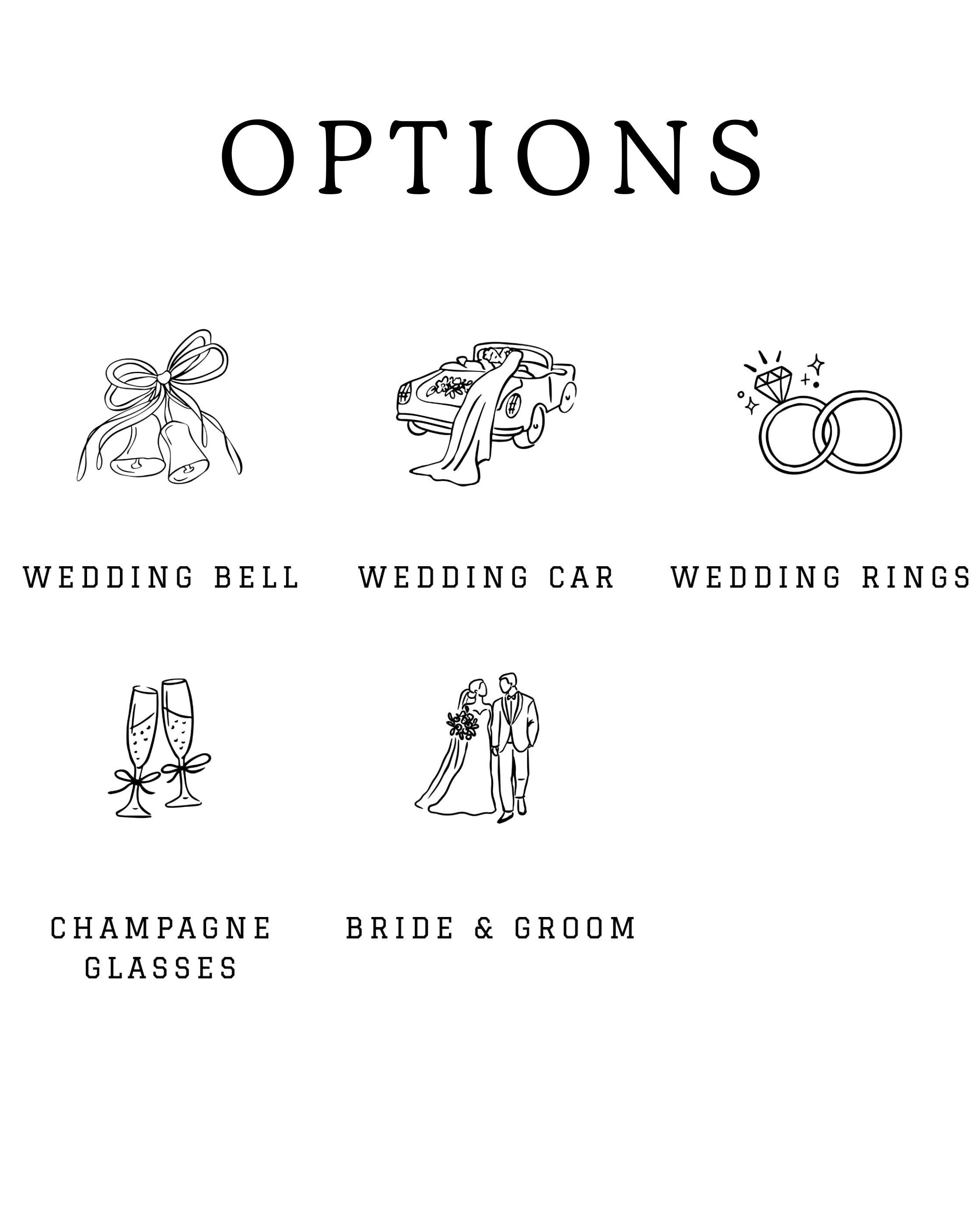 a collection of wedding-related icons and symbols, including a wedding bell, wedding car, wedding rings, champagne glasses, and a bride and groom.