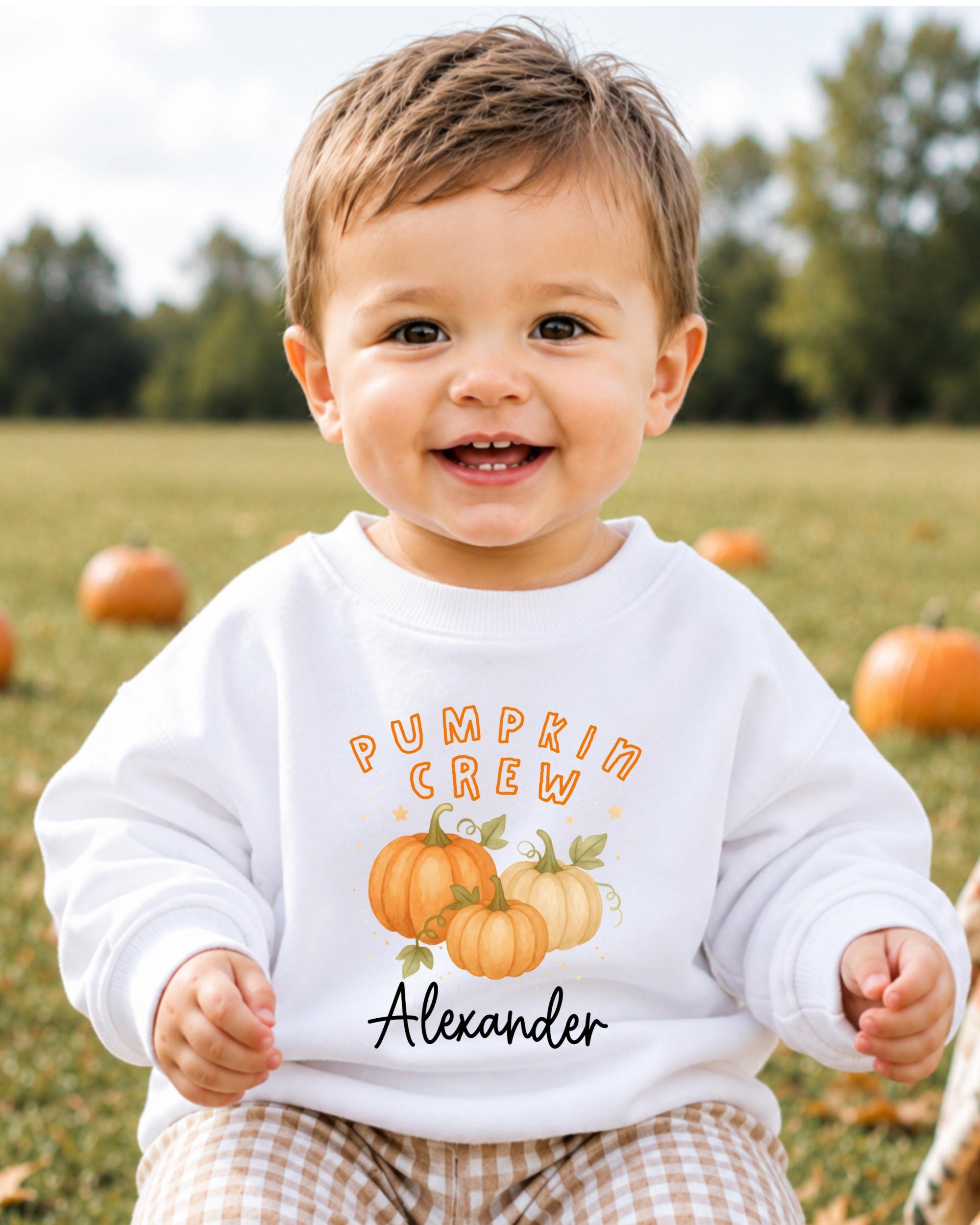 A smiling baby boy wearing a white sweatshirt with a pumpkin and text printed on it, sitting in a field with pumpkins in the background.