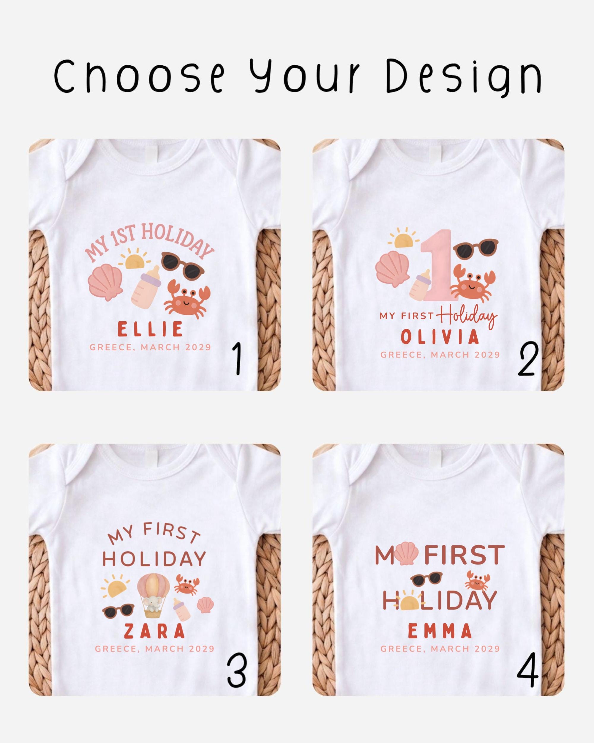 four different white t-shirts with various holiday-themed designs and text, each representing a different design choice for a child's first holiday outfit.