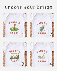 four different t-shirt designs featuring golf-related graphics and text, with the text "DADDY'S CADDY" printed on them.