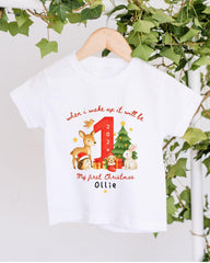 A white t-shirt with a personalized Christmas-themed design hanging on a wooden hanger.
