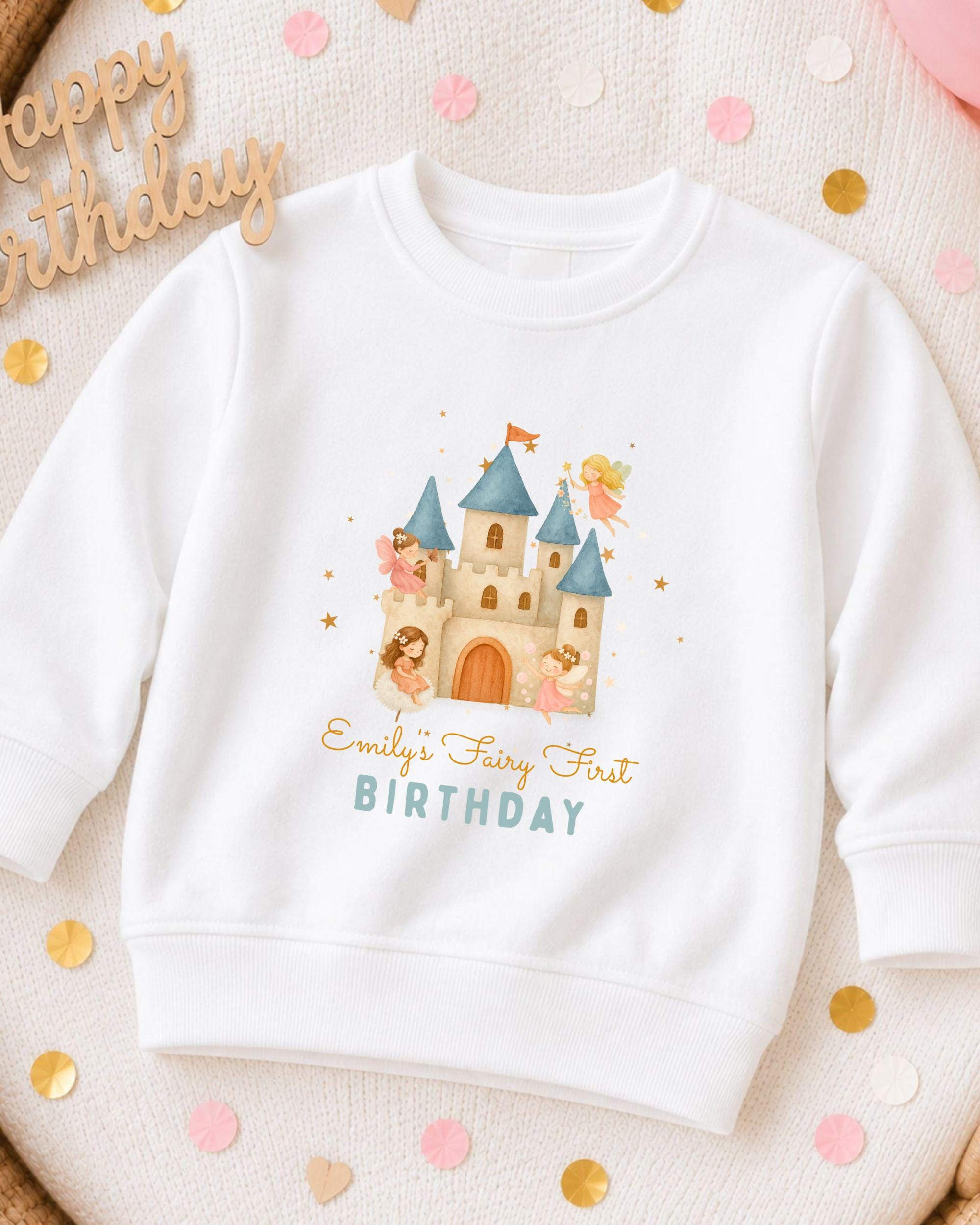 A white sweatshirt with a castle and fairy characters printed on it, along with the text "Emilly's Fairy First Birthday".