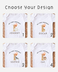 four different t-shirt designs for a first birthday celebration, each featuring a unique animal character and the name of the child.