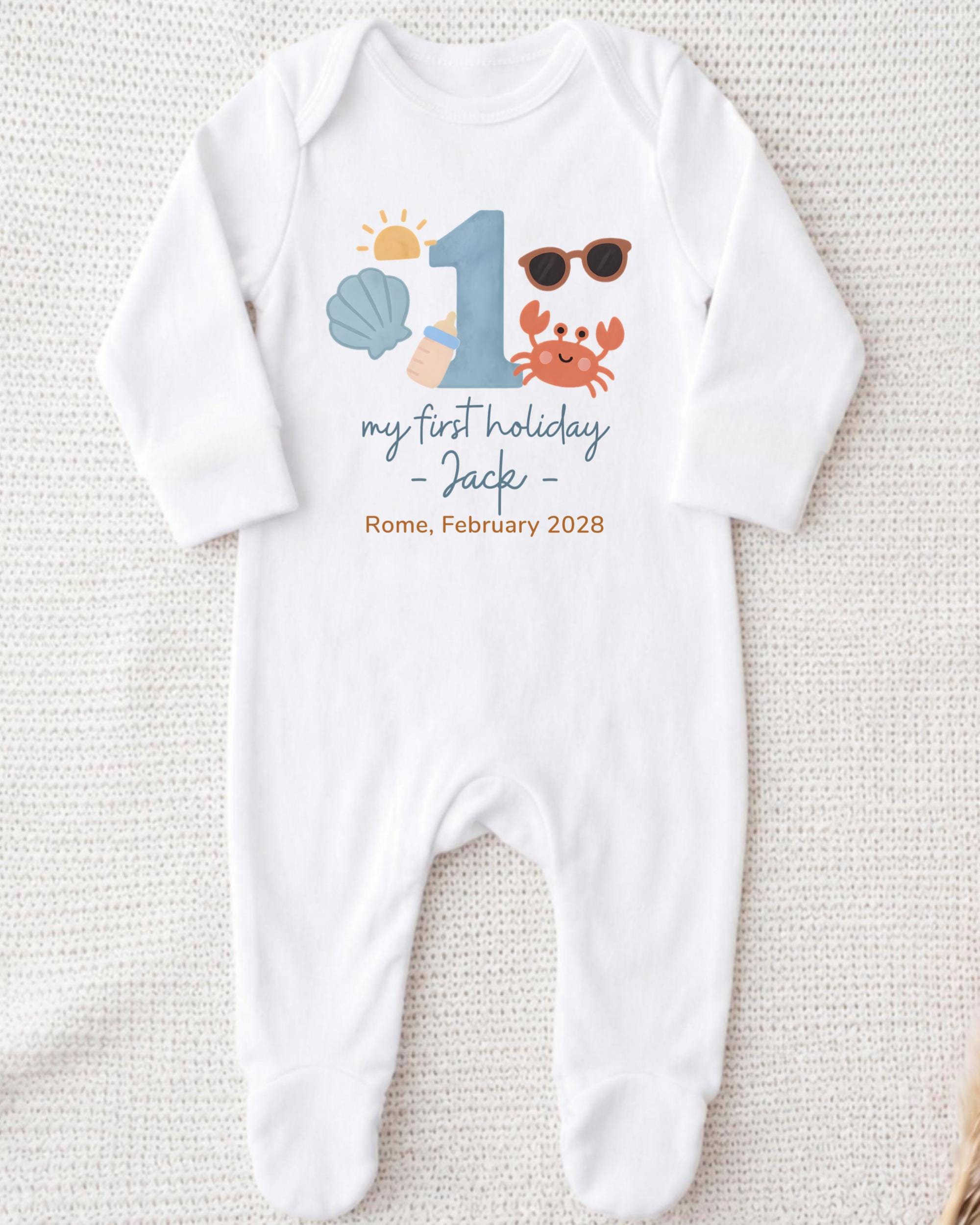 A white onesie with a personalized design and text printed on it.