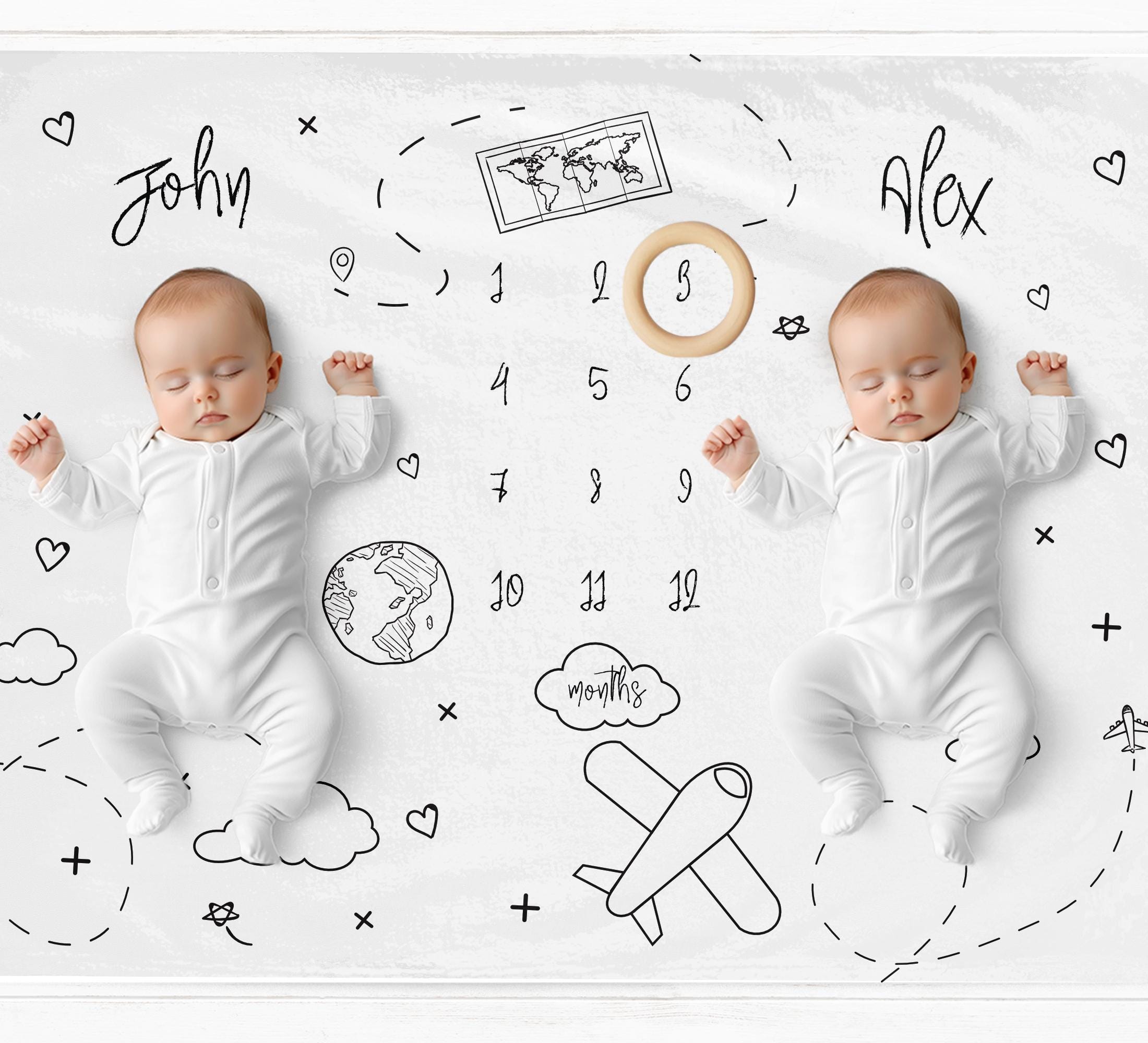 Twins Travel Themed Milestone Blanket - Baby Pandas