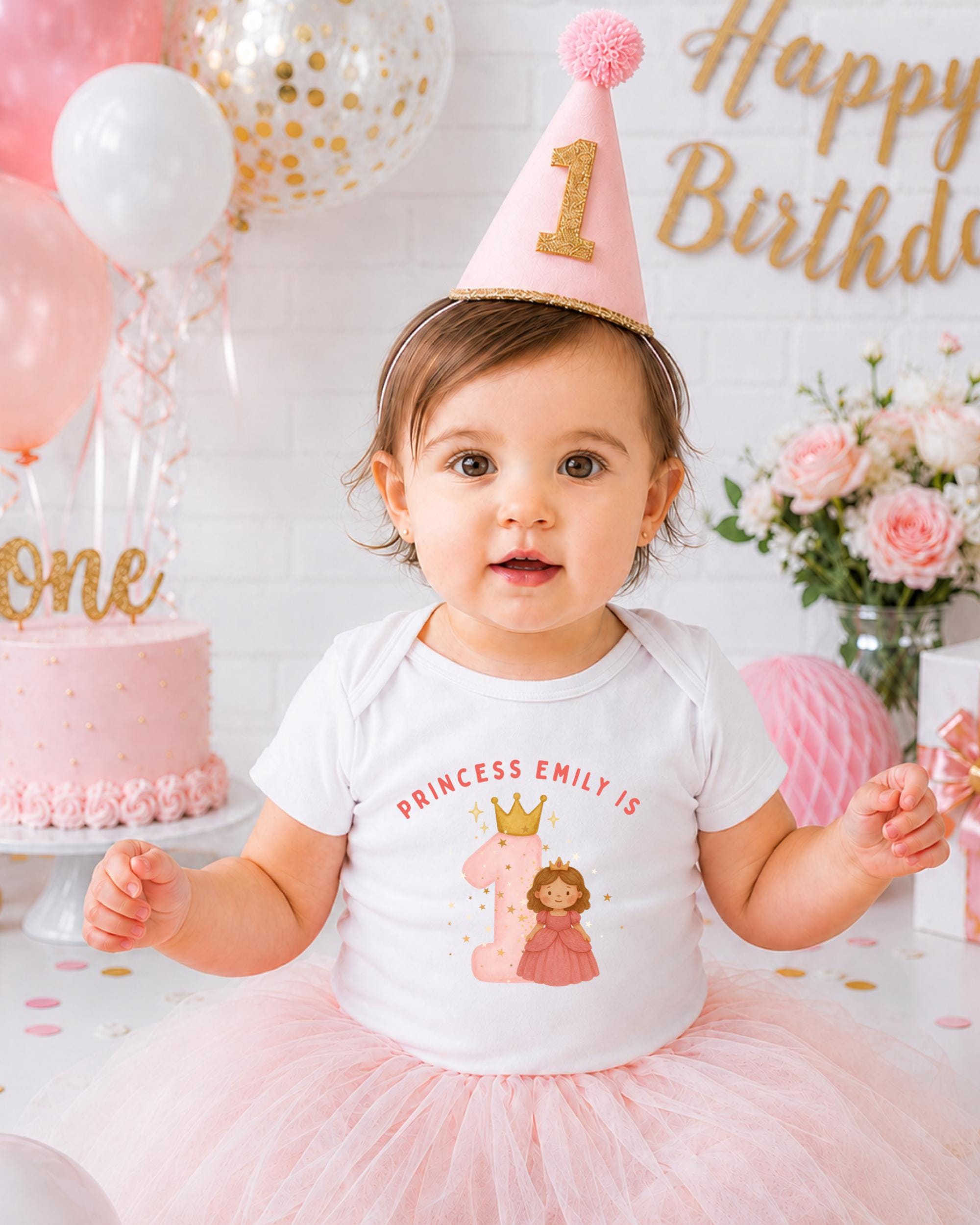 A young girl wearing a white t-shirt with a princess design and a pink party hat sits in front of a birthday cake and balloons, celebrating her first birthday.