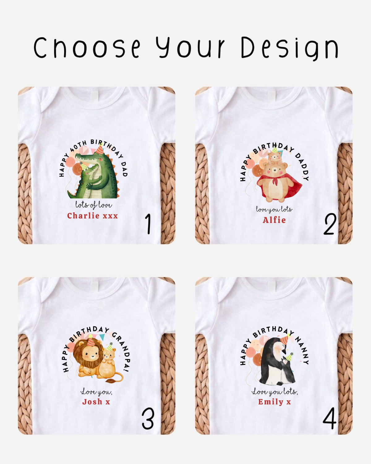 four different birthday t-shirts with personalized messages and illustrations.
