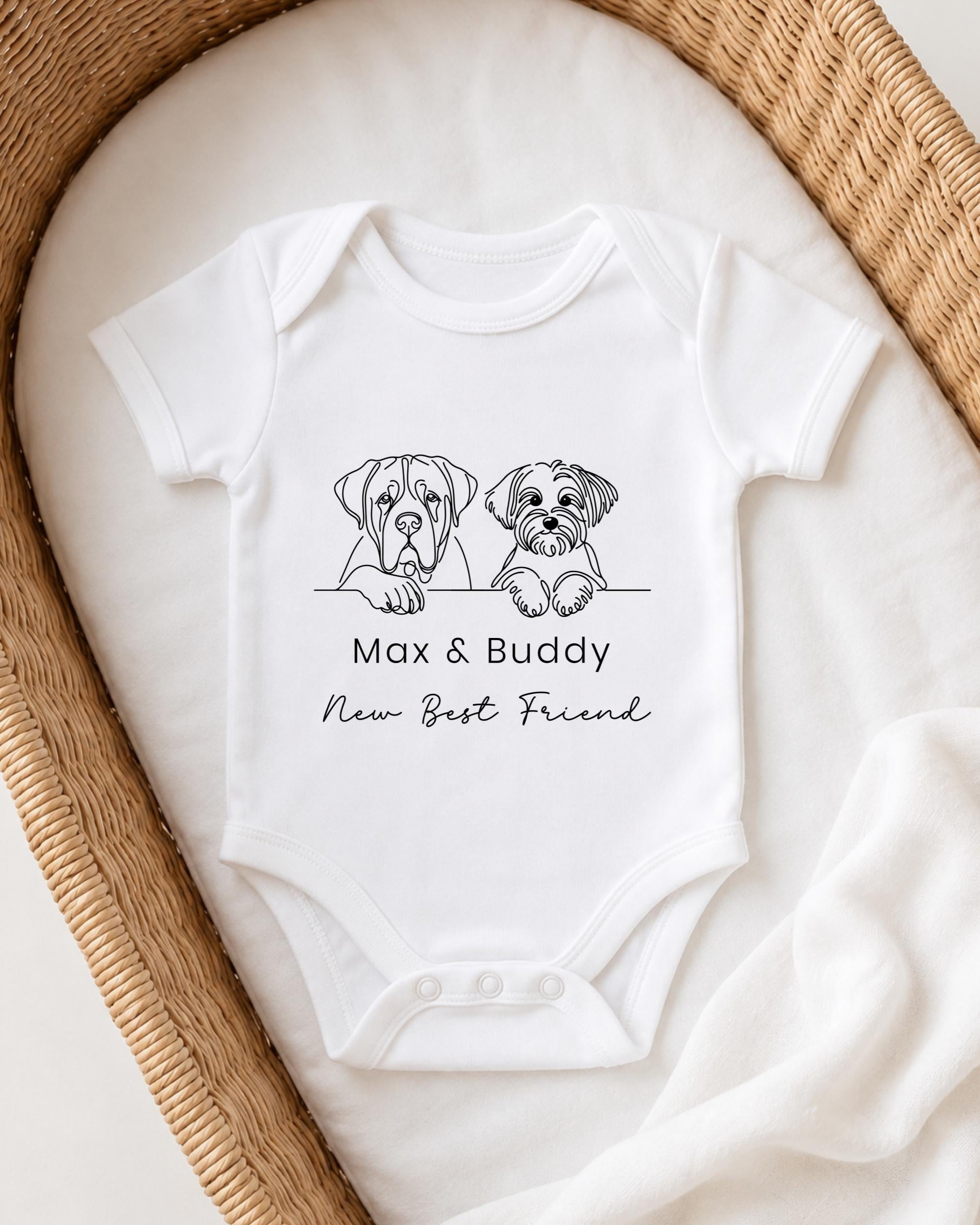 A white baby onesie with a graphic of two dogs, Max and Buddy, and the text "New Best Friend" printed on it.