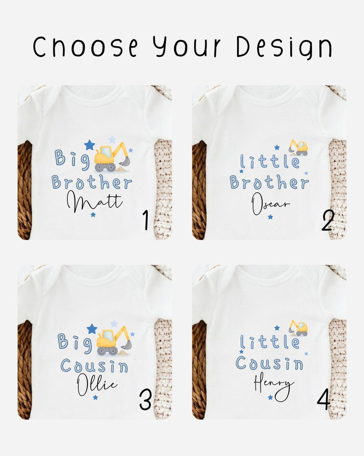 four different baby onesies with the names "Matt", "Oscar", "Oscar", and "Oscar" printed on them. The onesies are arranged in a grid format, with each row representing a different design.