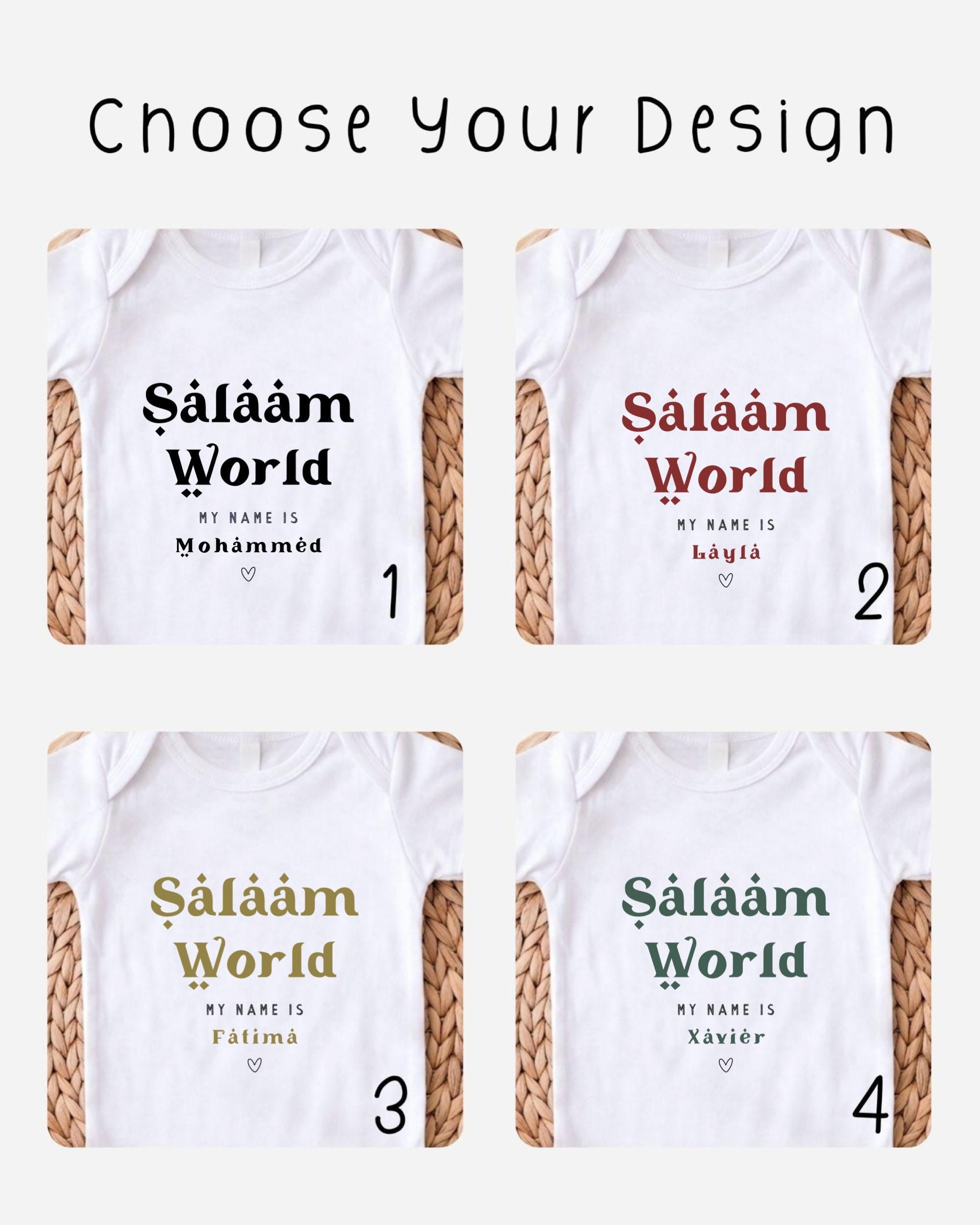 four different white t-shirts with text printed on them, each with a unique design and name.