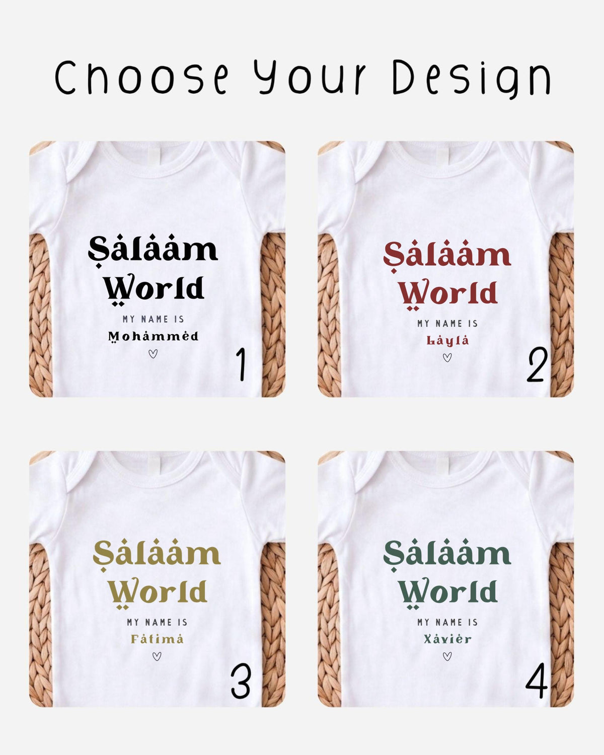 four different white t-shirts with text printed on them, each with a unique design and name.