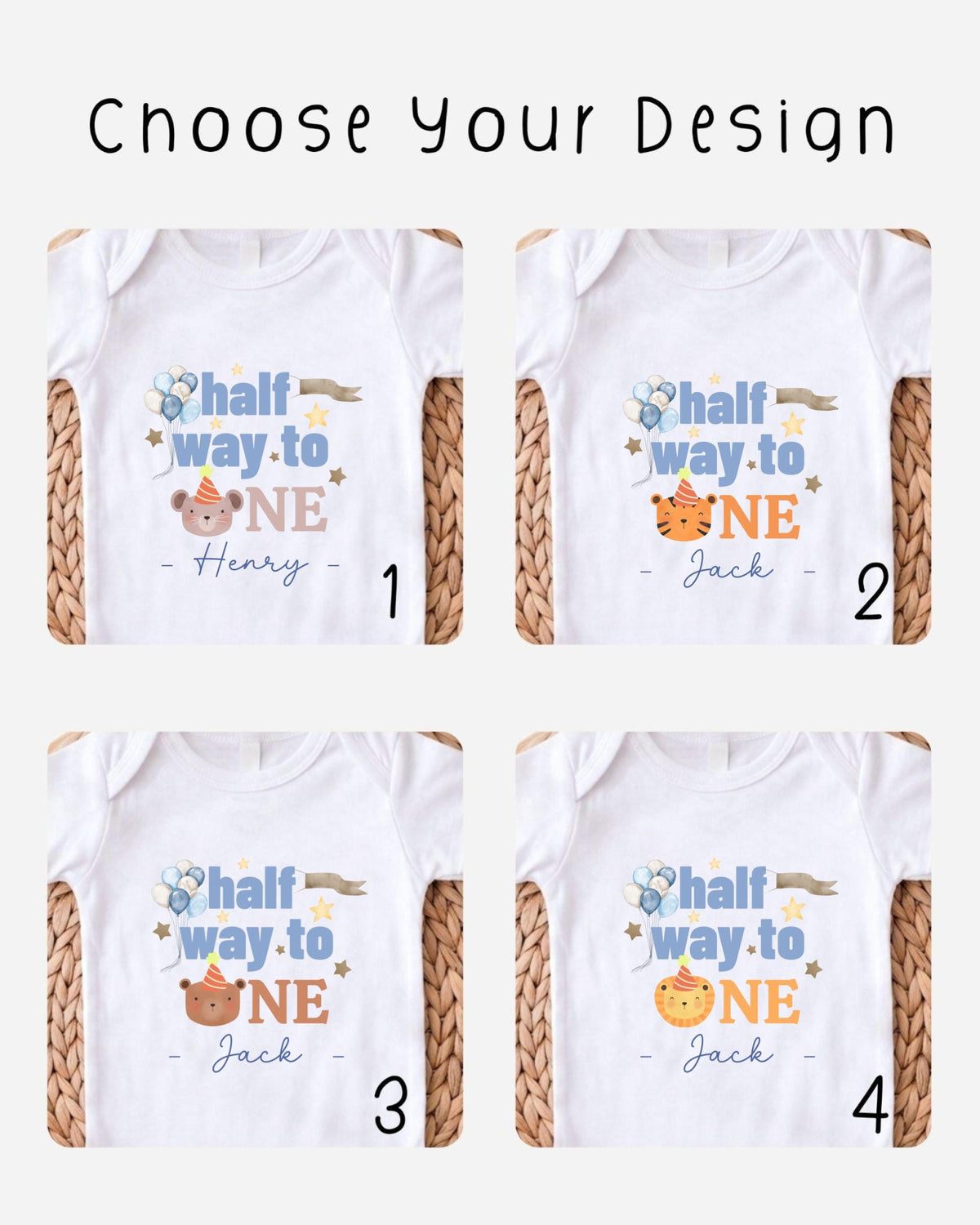 four different white t-shirts with a half-way to one theme, featuring a cartoon character and the names Henry and Jack.