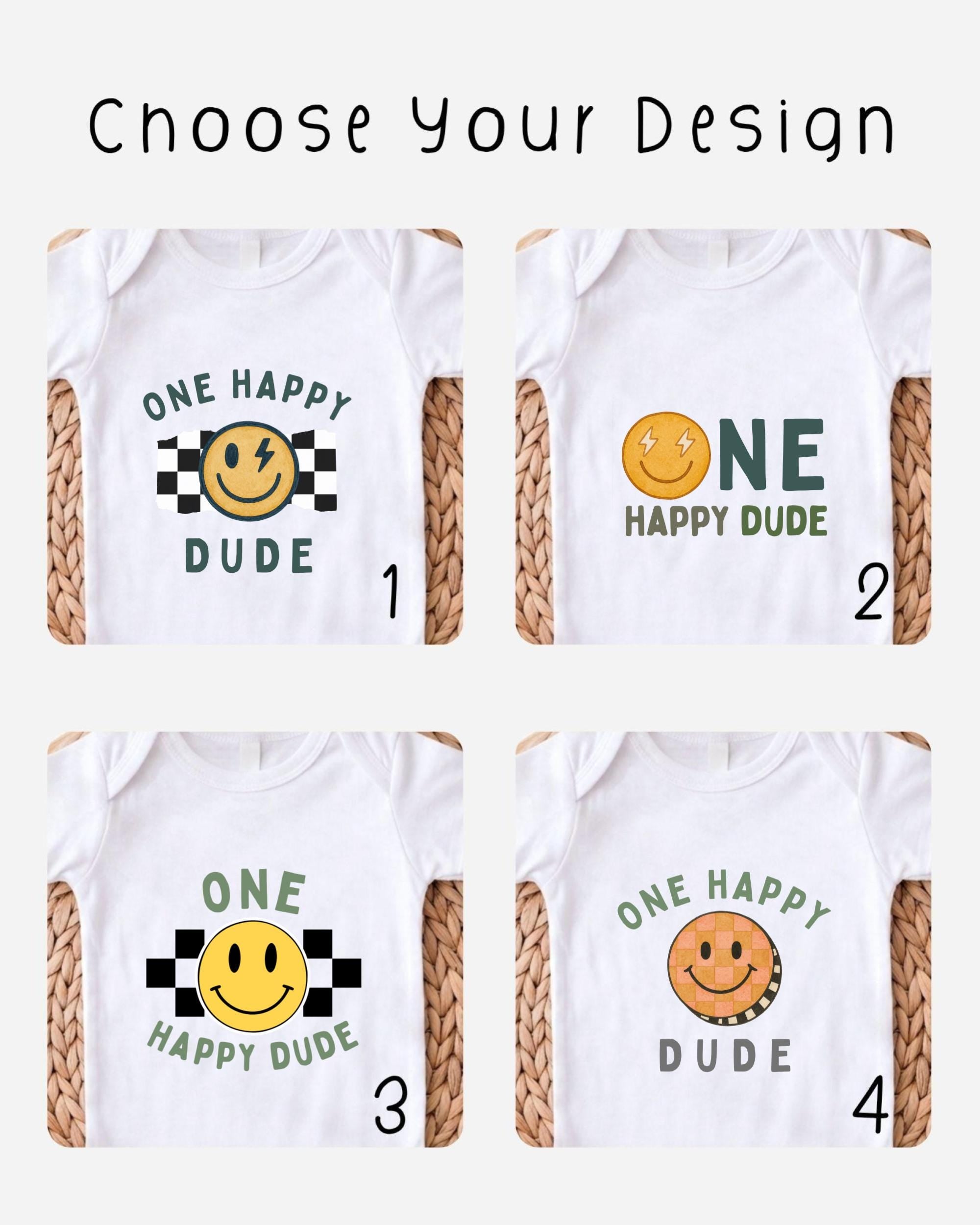 four different t-shirt designs with a cheerful smiley face and the text "ONE HAPPY DUDE" printed on them.