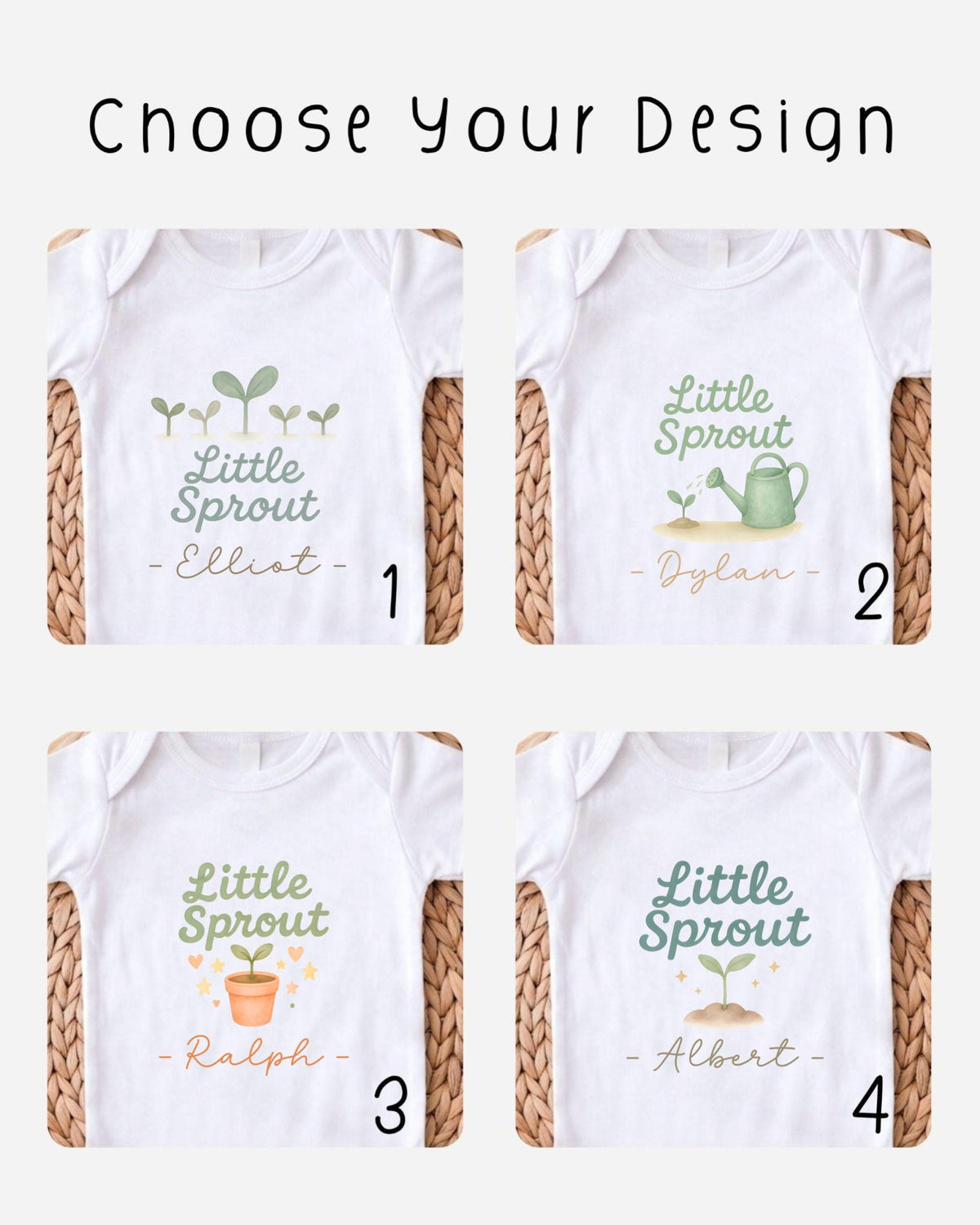 four different white t-shirts with the same design, featuring the text "Little Sprout" and a plant illustration. Each t-shirt has a unique name below the design, including "Elliot", "Dylan", "Ralph", and "Albert".