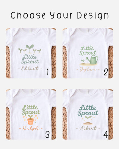 four different white t-shirts with the same design, featuring the text "Little Sprout" and a plant illustration. Each t-shirt has a unique name below the design, including "Elliot", "Dylan", "Ralph", and "Albert".