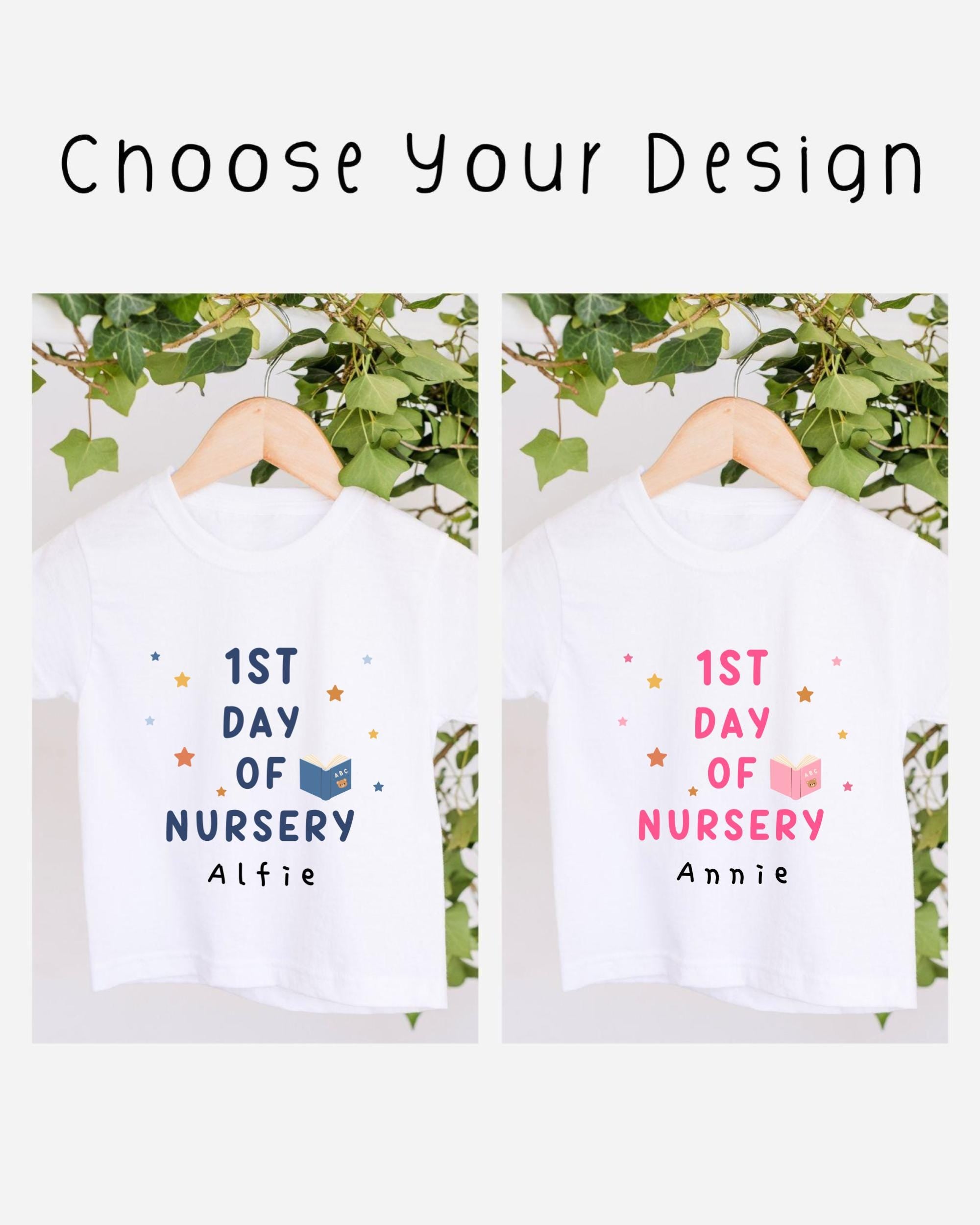 two white t-shirts hanging on a wooden hanger, each with a different design and text. The t-shirts are labeled "1st Day of Nursery" and "1st Day of Nursery" with the names "Alfie" and "Annie" printed on them. The t-shirts are set against a backdrop of greenery, creating a pleasant and natural atmosphere.