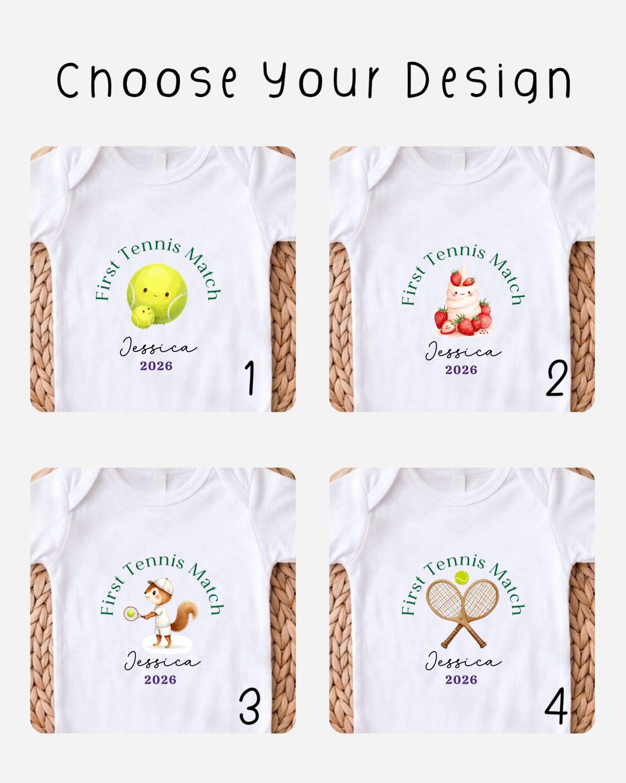 four different t-shirt designs featuring a tennis theme, each with a unique design and text.
