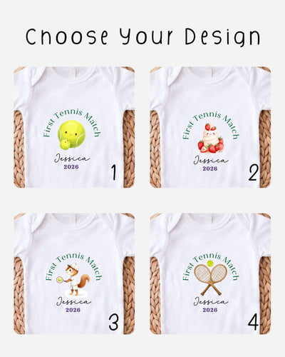 four different t-shirt designs featuring a tennis theme, each with a unique design and text.