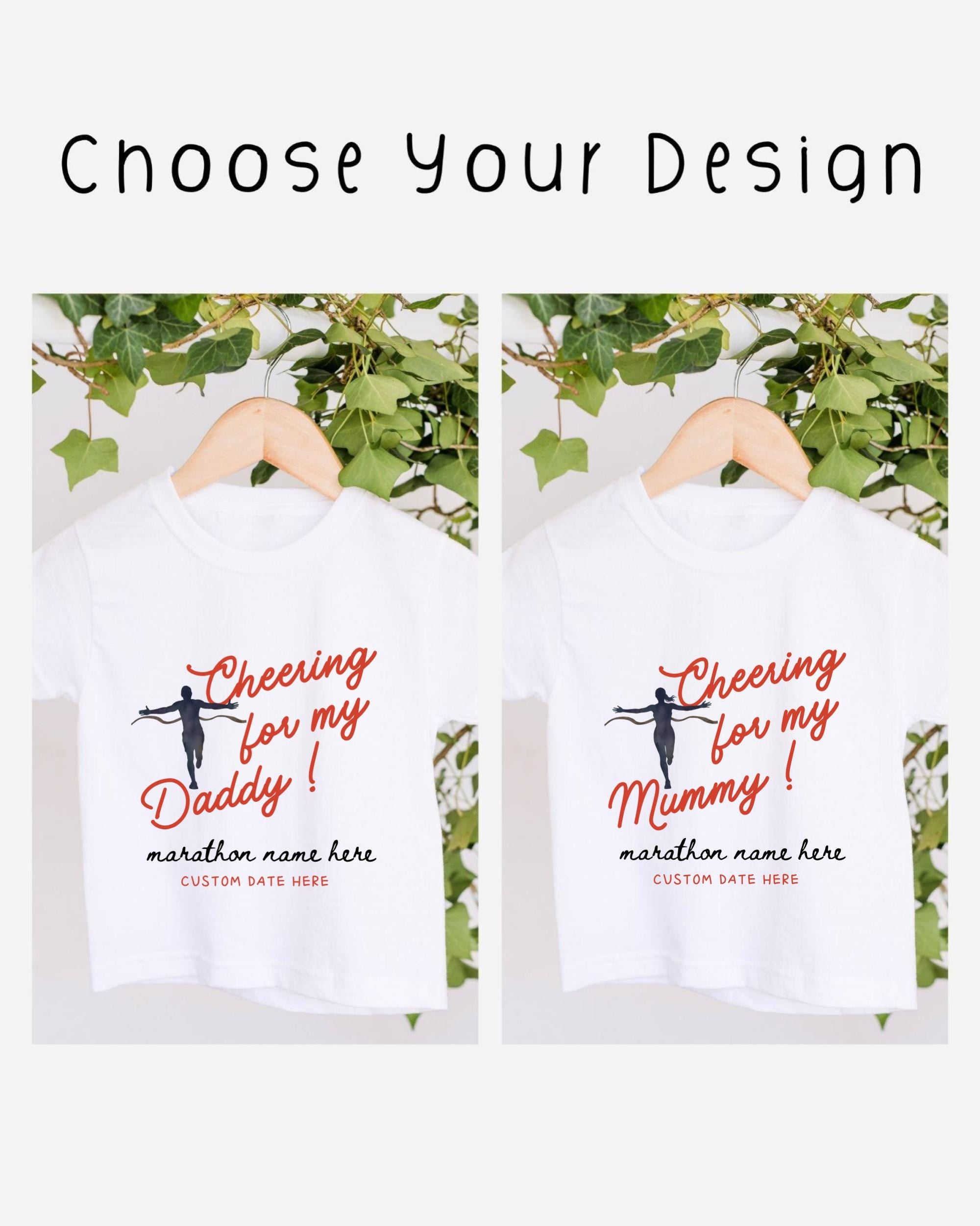 two white t-shirts with a design that says "Cheering for my Daddy!" printed on them. The t-shirts are hanging on a wooden hanger, and there are green leaves in the background.