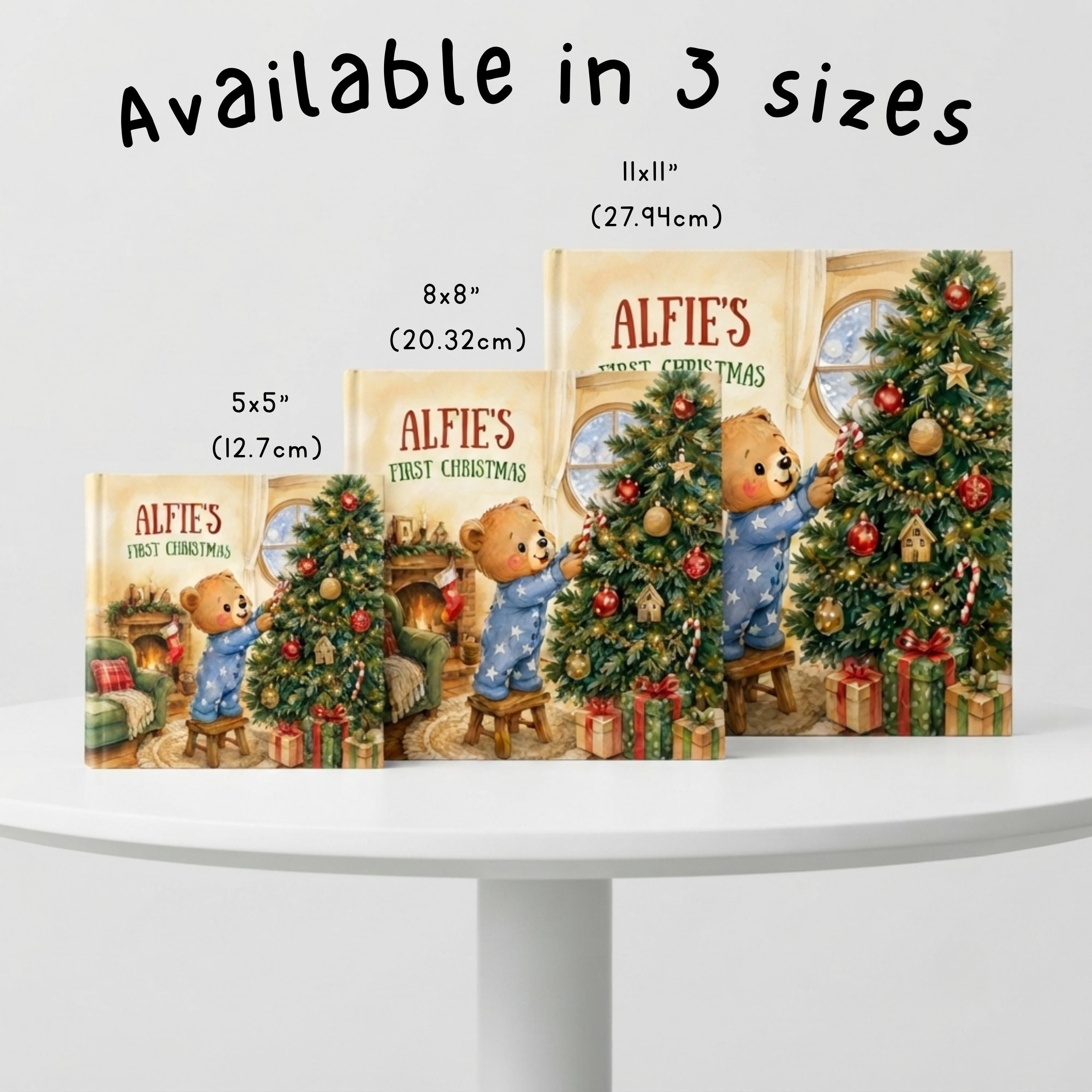 The image is a collage of four different sizes of a Christmas-themed book, featuring a teddy bear decorating a Christmas tree.