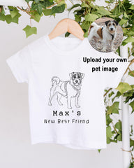 A white t-shirt with a black and white illustration of a dog, along with the text "Max's New Best Friend".