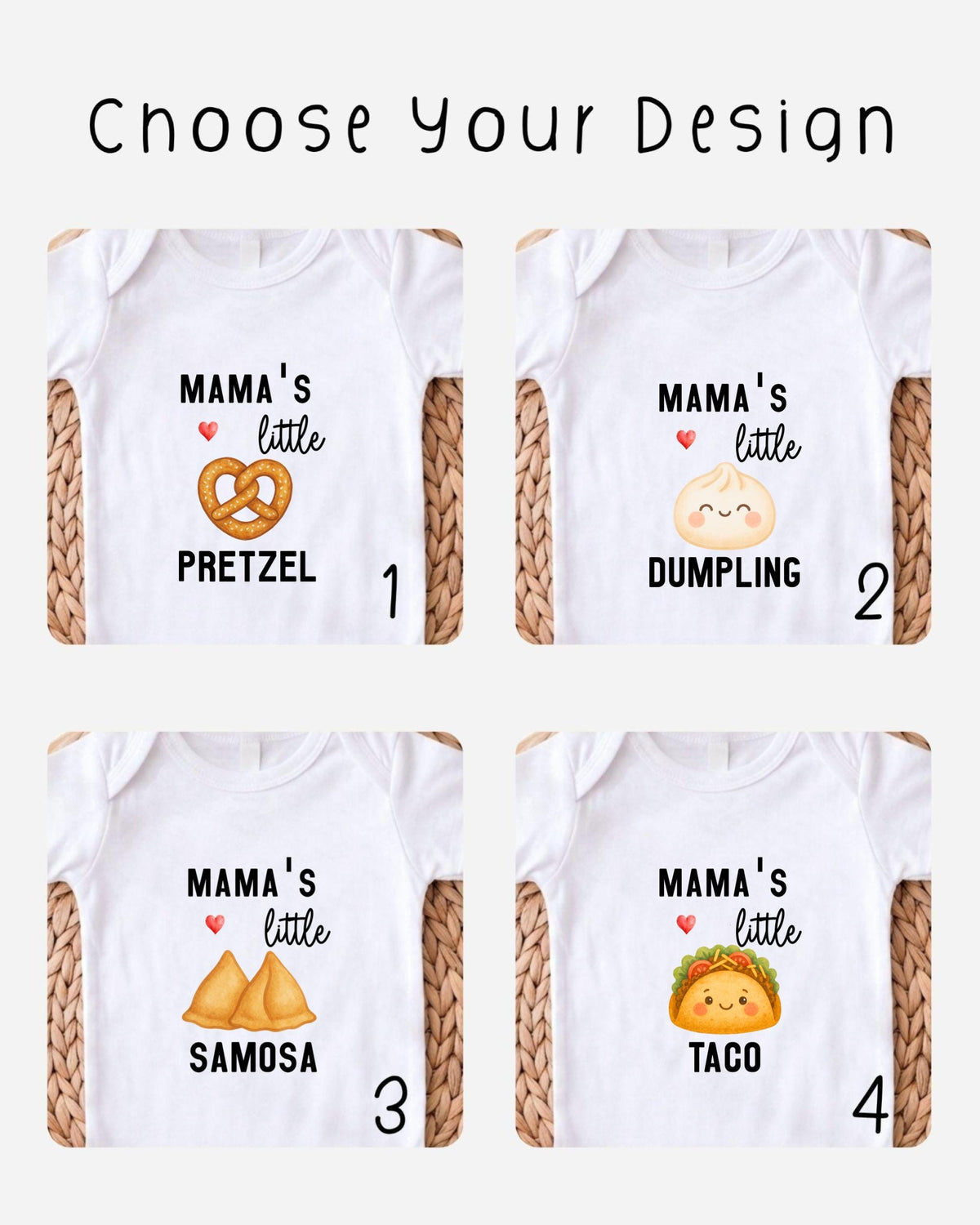 four different baby onesies with the text "Mama's little" and various food items printed on them, such as pretzels, dumplings, samosas, and tacos.