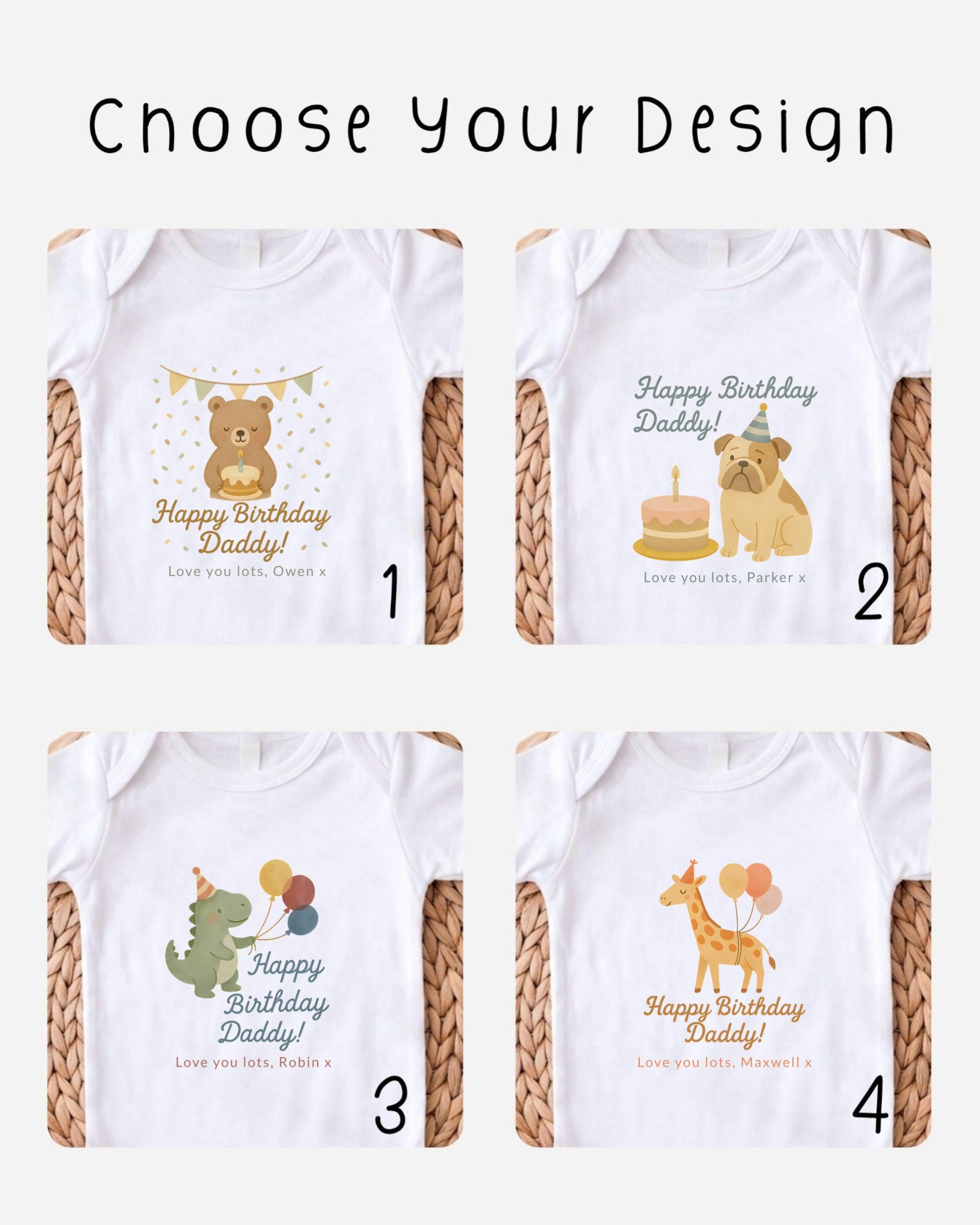 four different t-shirt designs featuring birthday themes, including a bear, a dog, a cake, and a giraffe.