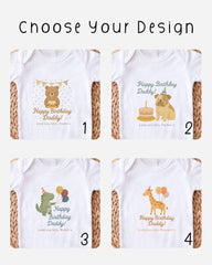 four different t-shirt designs featuring birthday themes, including a bear, a dog, a cake, and a giraffe.