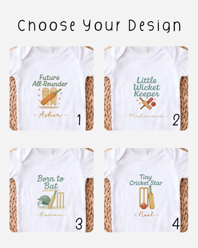 four different t-shirt designs featuring cricket-related graphics and text.