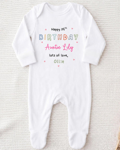 A white onesie with text and a personalized message for a 25th birthday.