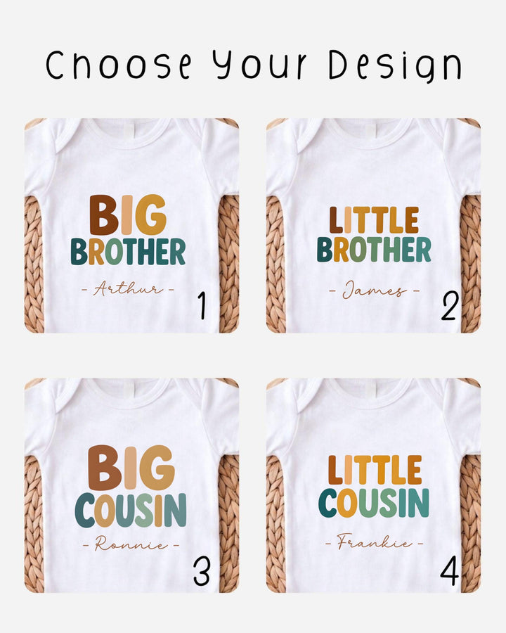 four different baby bodysuits with the names "Big Brother", "Little Brother", "Big Cousin", and "Little Cousin" printed on them.