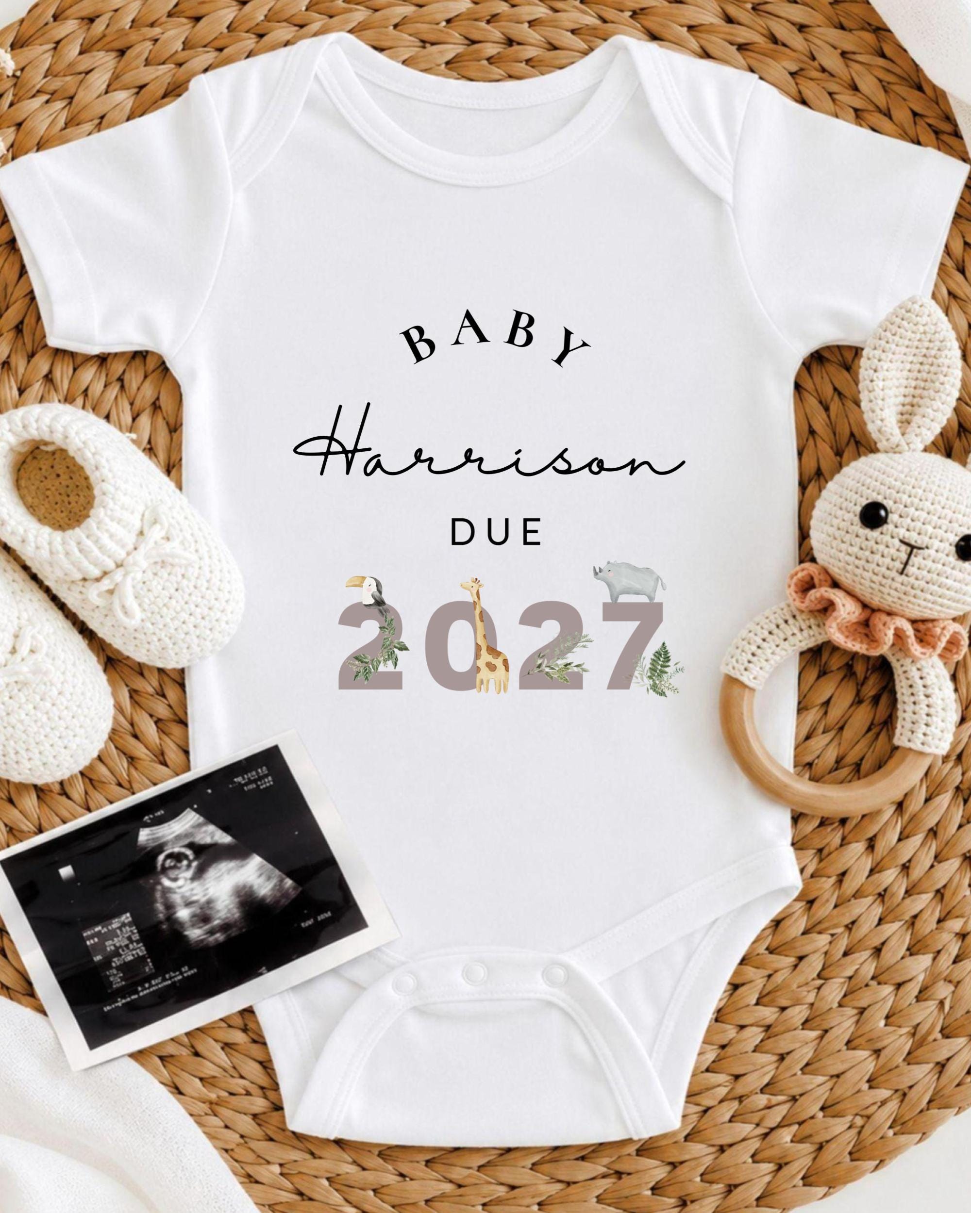 A white baby onesie with the text "BABY Harrison Due 2027" printed on it, along with a crocheted rabbit toy and a baby shoe.