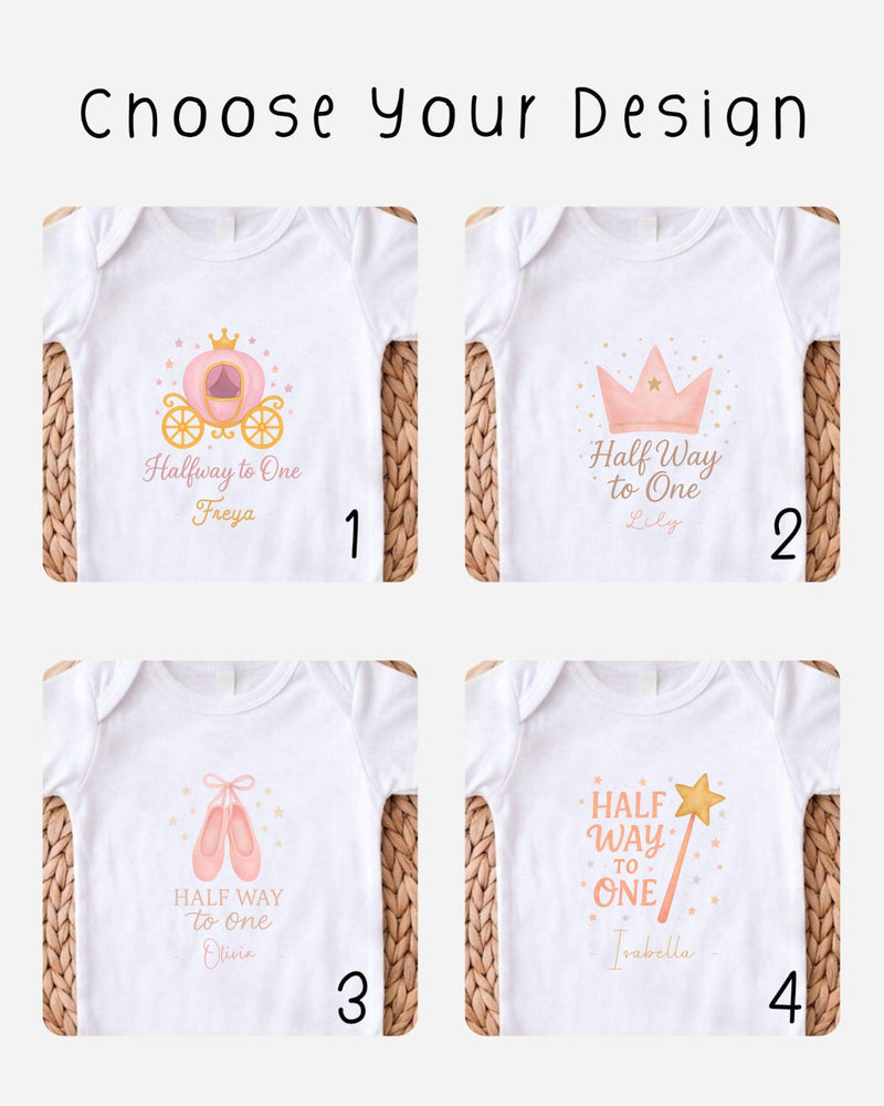 four different white t-shirts with various designs and text, including a princess-themed design, a half-way to one design, and a half-way to one design with a princess crown.