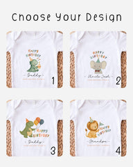 four different birthday t-shirts with various cartoon animal designs and the text "Happy Birthday" printed on them.