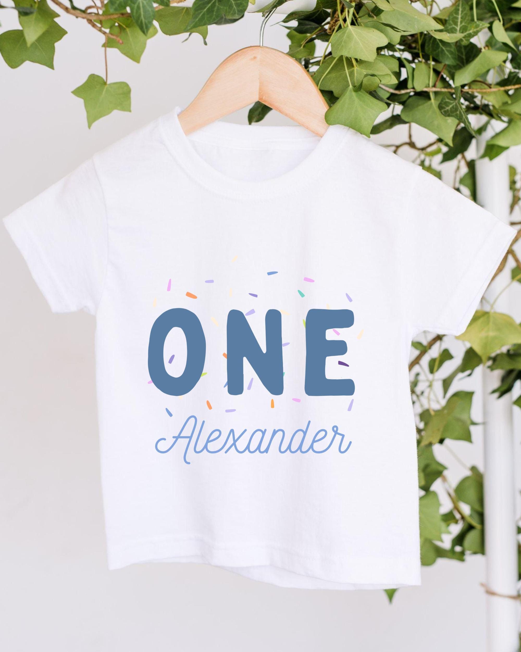 A white t-shirt with the text "ONE Alexander" printed on it, along with colorful sprinkles. The t-shirt is hanging on a wooden hanger, with a plant visible in the background.