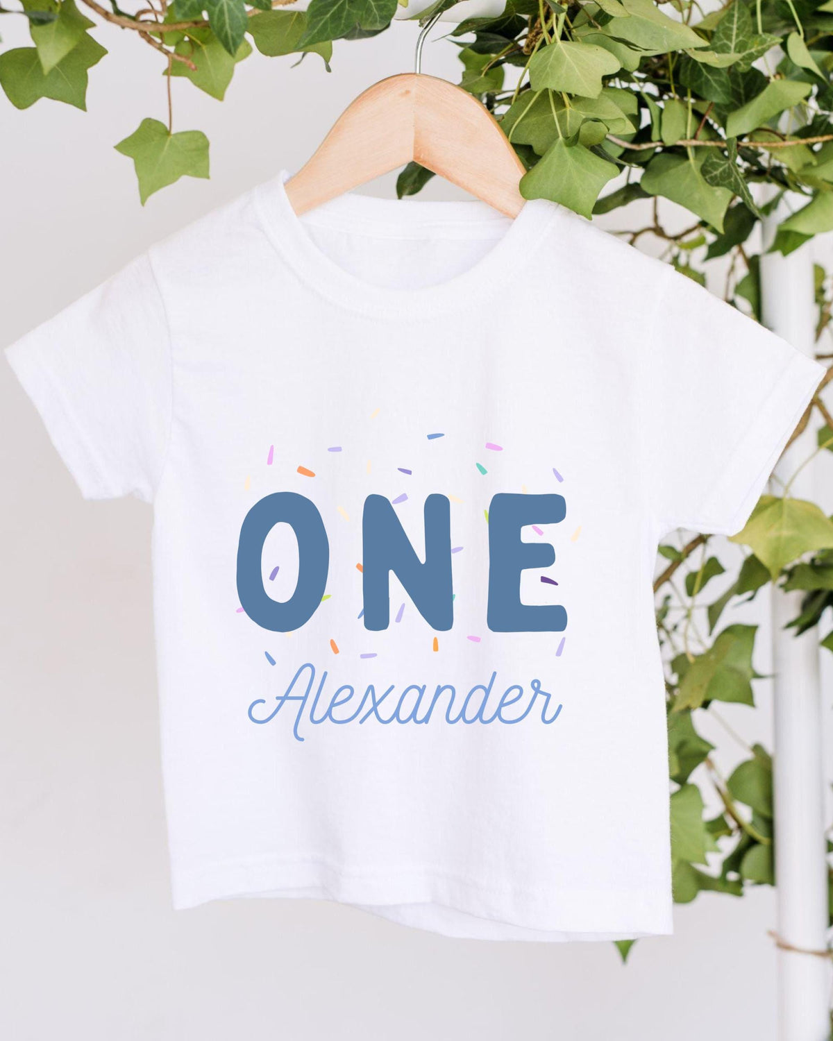 A white t-shirt with the text "ONE Alexander" printed on it, along with colorful sprinkles. The t-shirt is hanging on a wooden hanger, with a plant visible in the background.