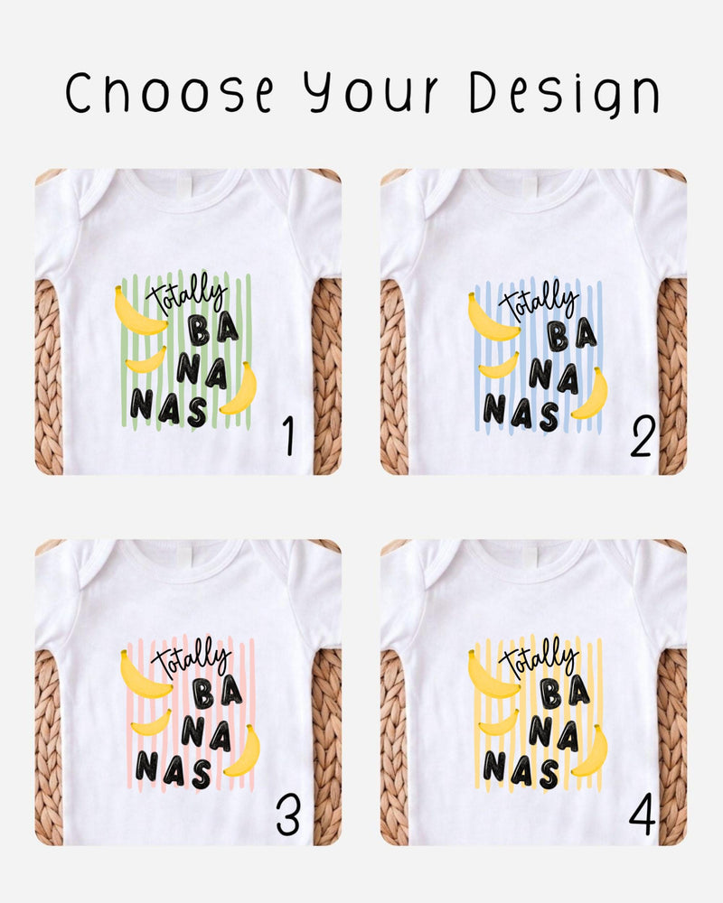 four different designs of white t-shirts with the text "Totally BANANA NAS" printed on them.
