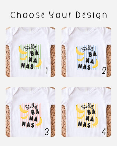 four different designs of white t-shirts with the text "Totally BANANA NAS" printed on them.