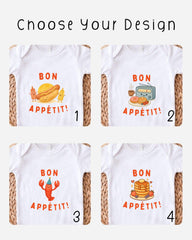 four different t-shirt designs with the phrase "BON APETIT!" printed on them.