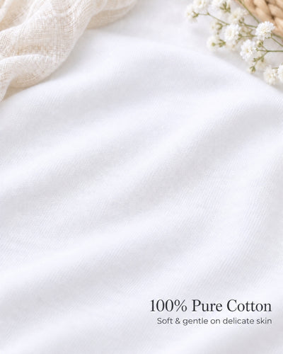 Close-up of white cotton baby grow with text reading '100% Pure Cotton- Soft & gentle on delicate skin.