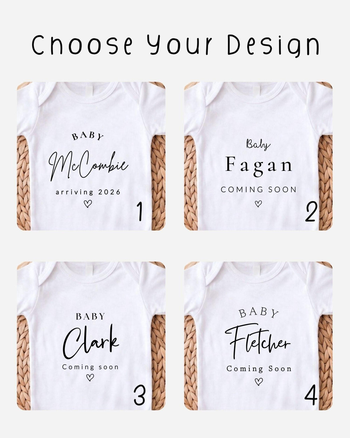 four baby shirts with different names and designs, suggesting they are customizable for a baby shower or announcement.