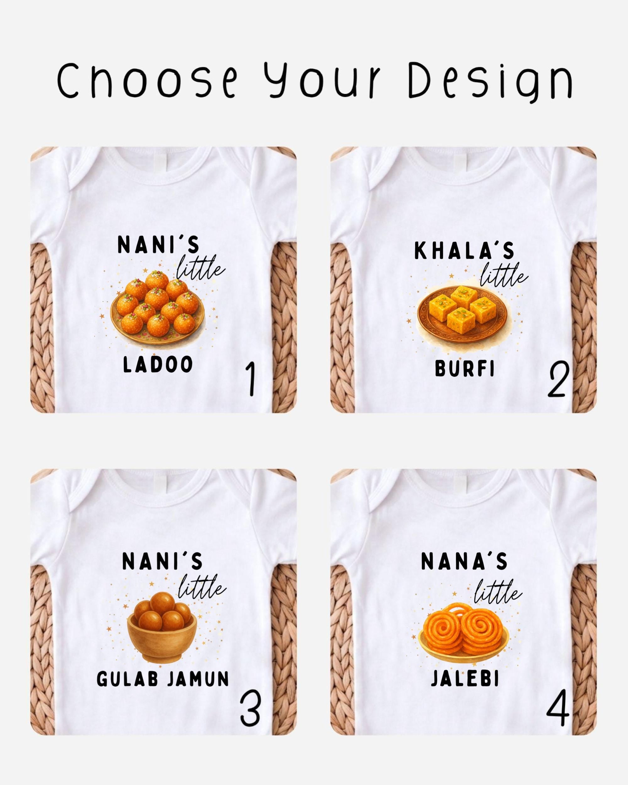 four different t-shirt designs featuring various food items, including a bowl of oranges, a plate of cookies, a plate of fried dough, and a plate of dosa.