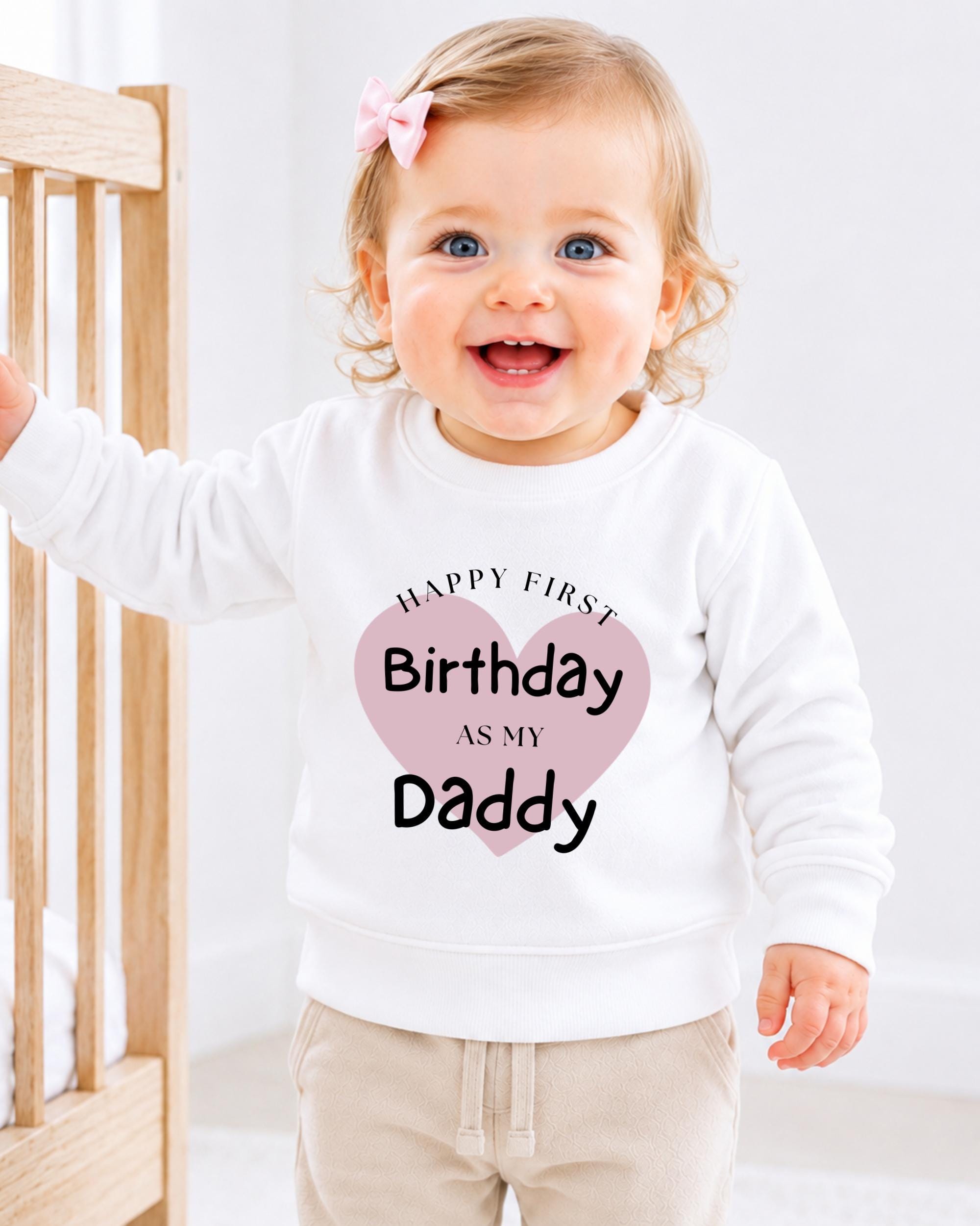 A smiling baby girl wearing a white sweatshirt with a pink heart and text that says "Happy first birthday as my Daddy".