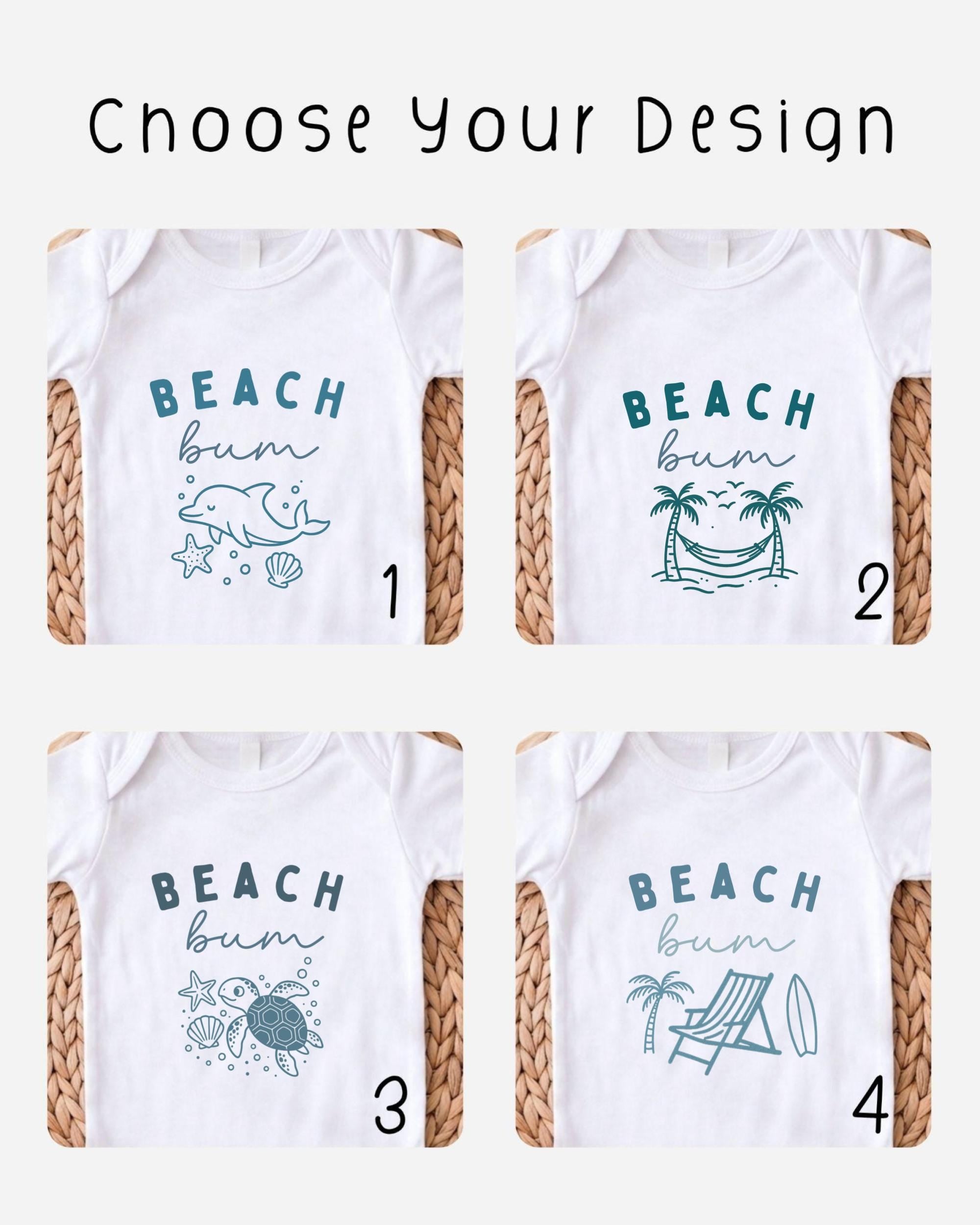 four different t-shirt designs with beach-themed graphics and text.