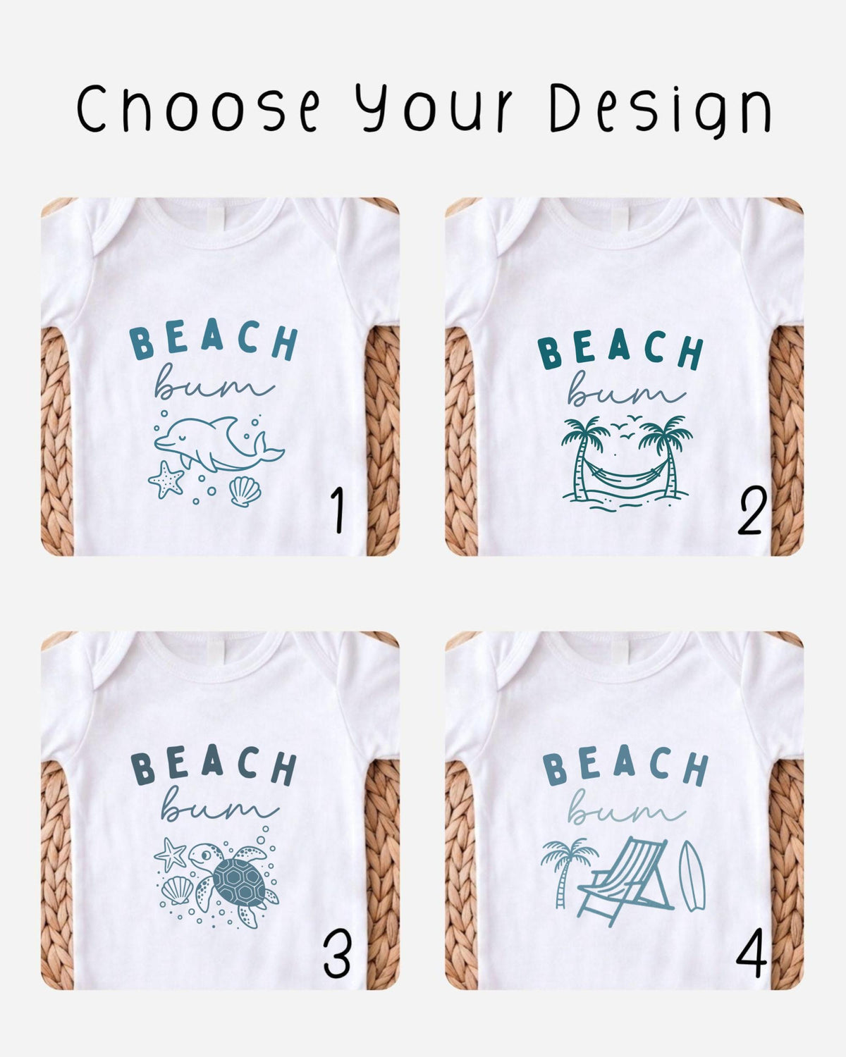 four different t-shirt designs with beach-themed graphics and text.