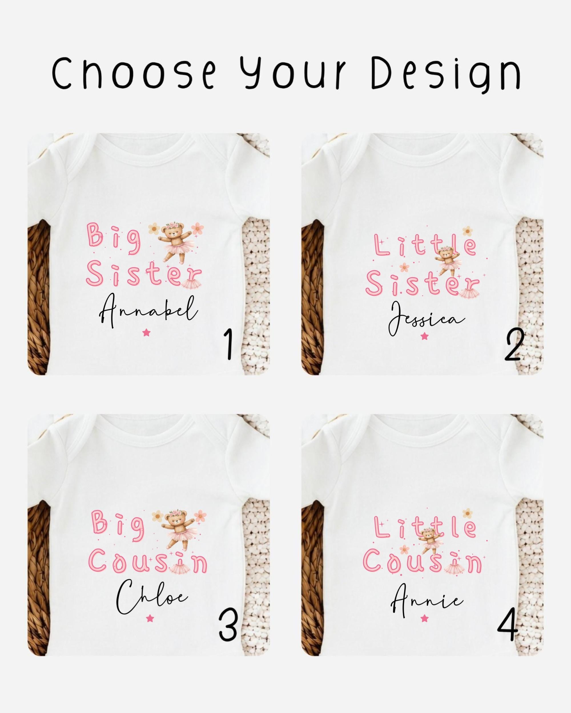 four different white t-shirts with text and images related to siblings, specifically Big Sister and Little Sister.