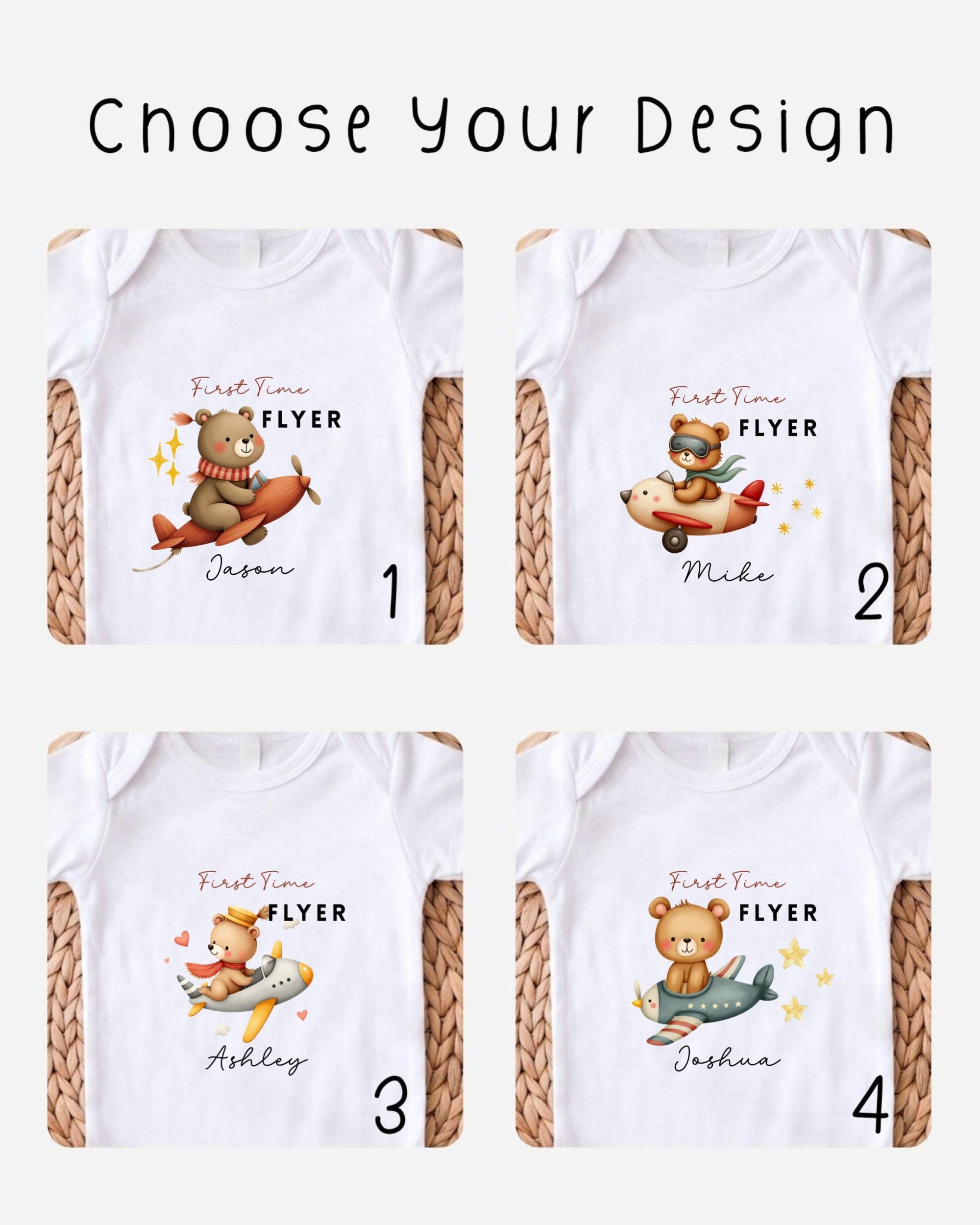 four different t-shirt designs featuring cartoon bears on airplanes, each with a unique name and number.