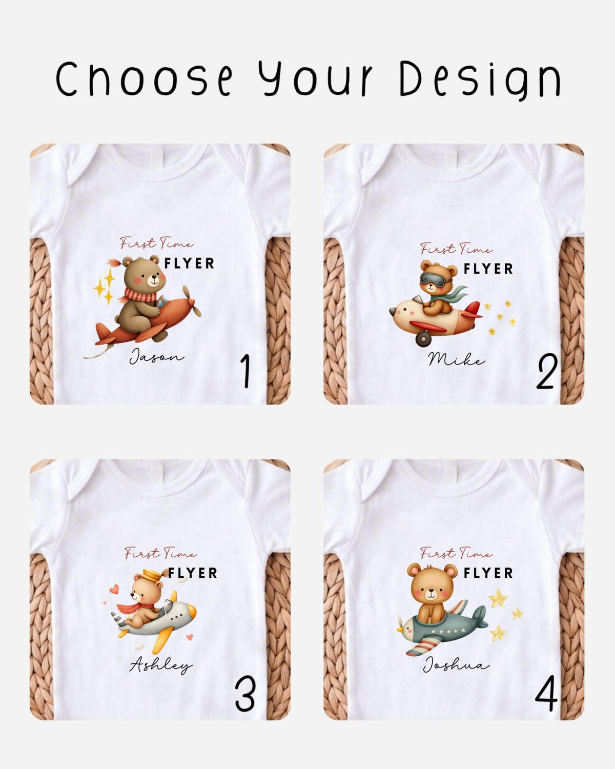 four different t-shirt designs featuring cartoon bears on airplanes, each with a unique name and number.